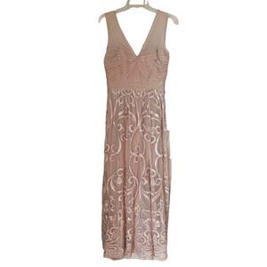 NWT JS Collection Women's Tulle Embroidered Beige Maxi Sleeveless Gown Dress 8